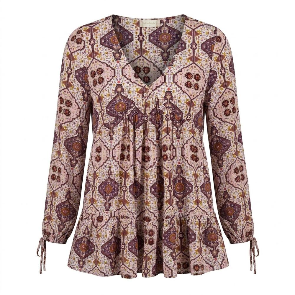 Altar'd State Multicolor Ruffle Peplum V-Neck Geometric Blouse Women Size S